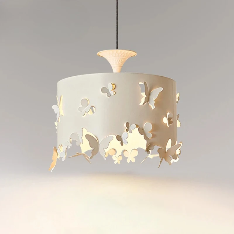 

French White Rotundity Butterfly Hollow-out Wrought Iron Pendant Lights Living Room Bedroom Restaurant Kitchen LED Hanging Lamps