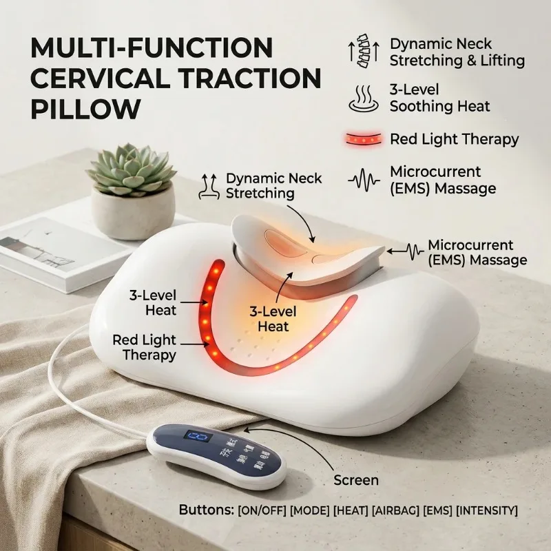 Rechargeable Cervical Traction Pillow Red Light Hot Compress Micro‑Current Airbag Neck Massager Household Relax Care Instrument