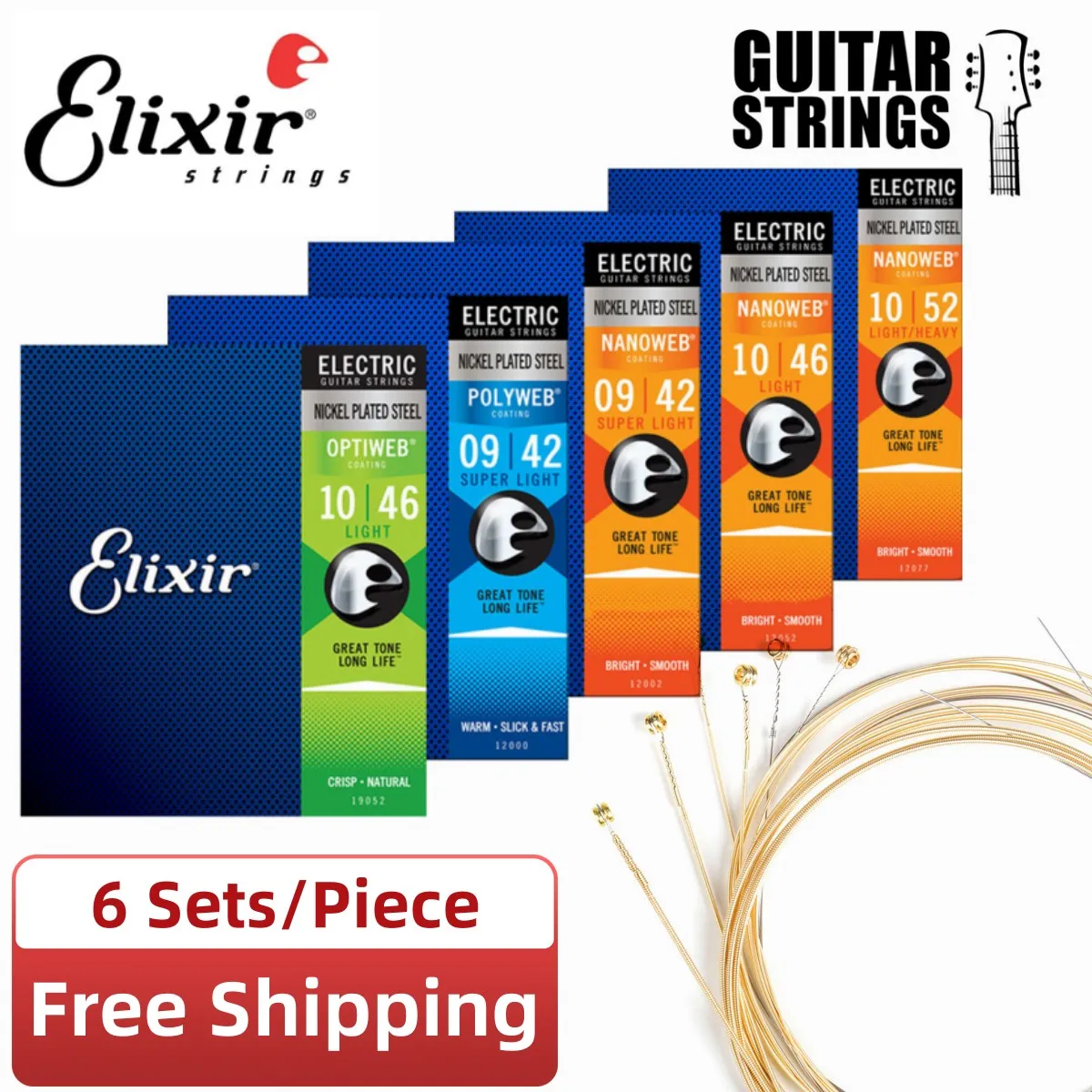 6 Set Elixir Electric Guitar 12052 Acoustic Guitar Strings 6 Strings Nanoweb Phosphor 16027 16052  Musical Instrument Accessorie