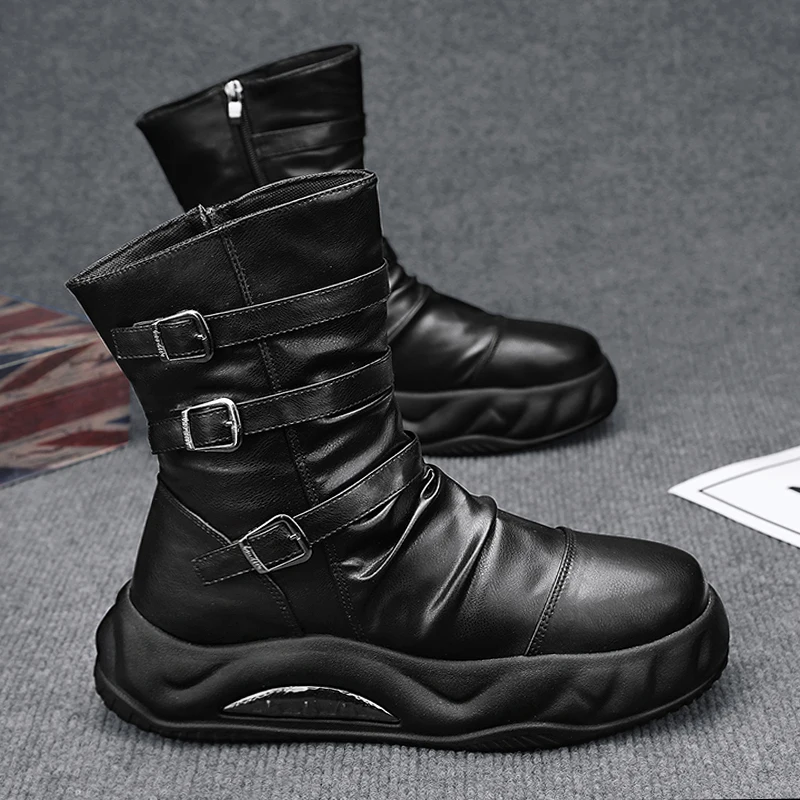 

Мужские кожаные ботинки на платформе, черные дизайнерские мотоциклетные ботинки с высоким берцем, Осень-зима 2024