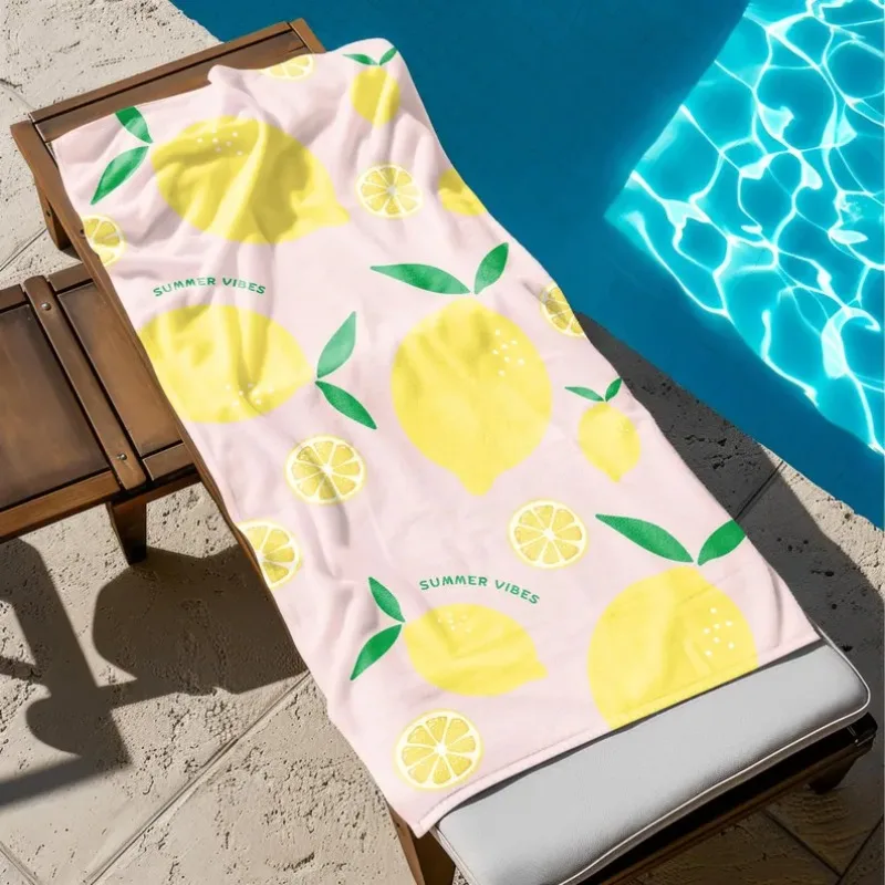 Cute Lemon Slice Print Beach Towel Blue Striped Summer Fruit Floral Pattern Quick Dry Soft Sand Free Beach Blanket for  Summer