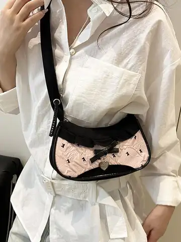 Fashion Grid Women Bag Lace Ribbon Stretchable Shoulder Strap Single Shoulder Underarm Bag Daily Commuting Student Handbag