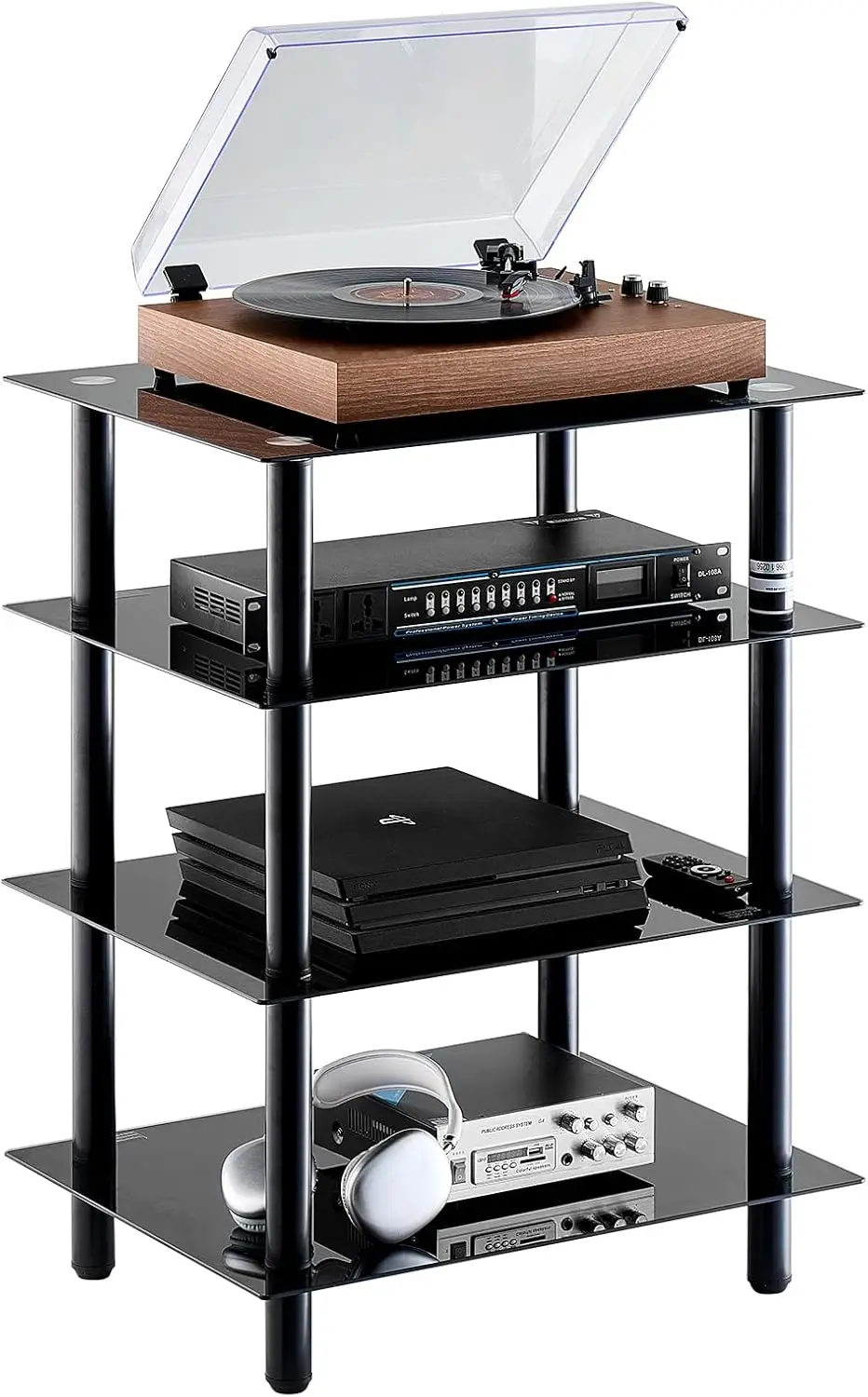 4-Tier AV Media Stand, Audio/Video Stand with Strengthened Tempered Glass Shevles for DVD/Cable Boxes/Games Consoles