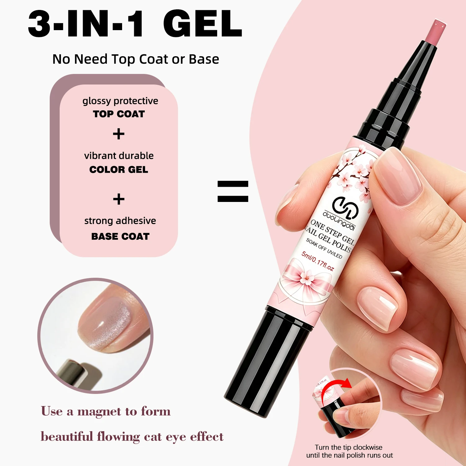 3-in-1 One Step Gel Polish - No Base/Top Coat Suitable for Beginners, /LED Curable Liquid Nail Polish with Sparkling