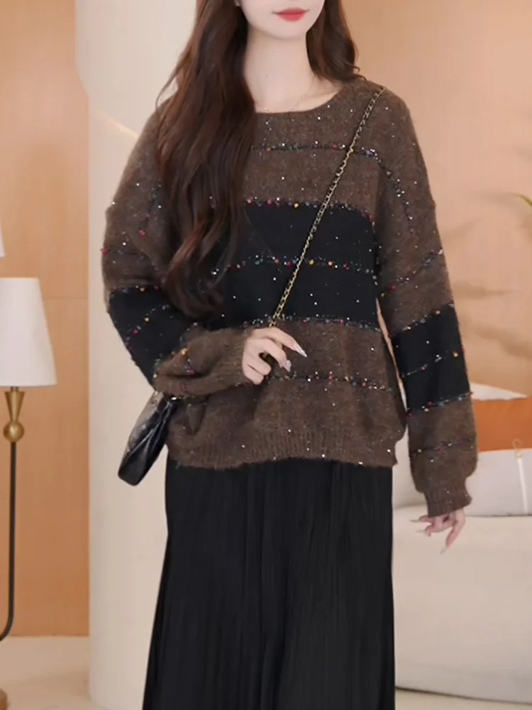 

Корейский свитер с блестками и вышивкой, женский, осенняя новинка, большие размеры, универсальный теплый топ с длинными рукавами