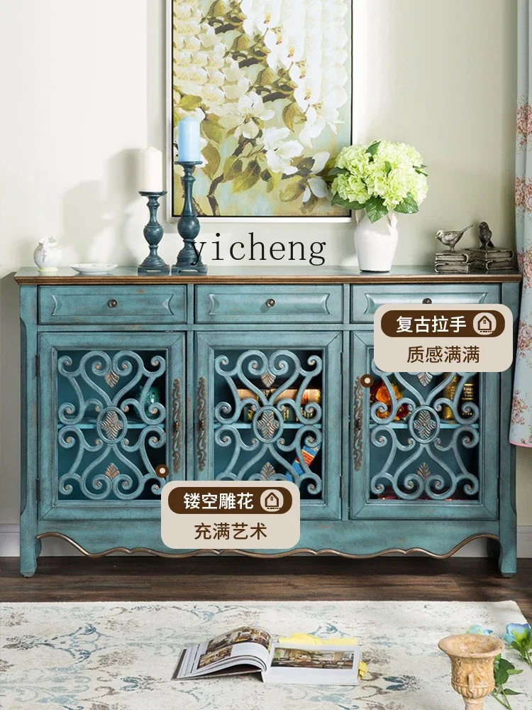 ZK Entrance Cabinet Mediterranean Style Storage Side Cabinet Solid Wood Retro Integrated Sideboard Cabinet