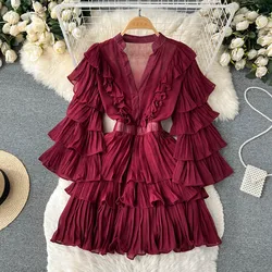 Vintage Elegant Ruffle Pleated Tiered Dress Chic  A-line Fashion Spring Autumn Flare Long Sleeve Vestidos Women Mini Dress