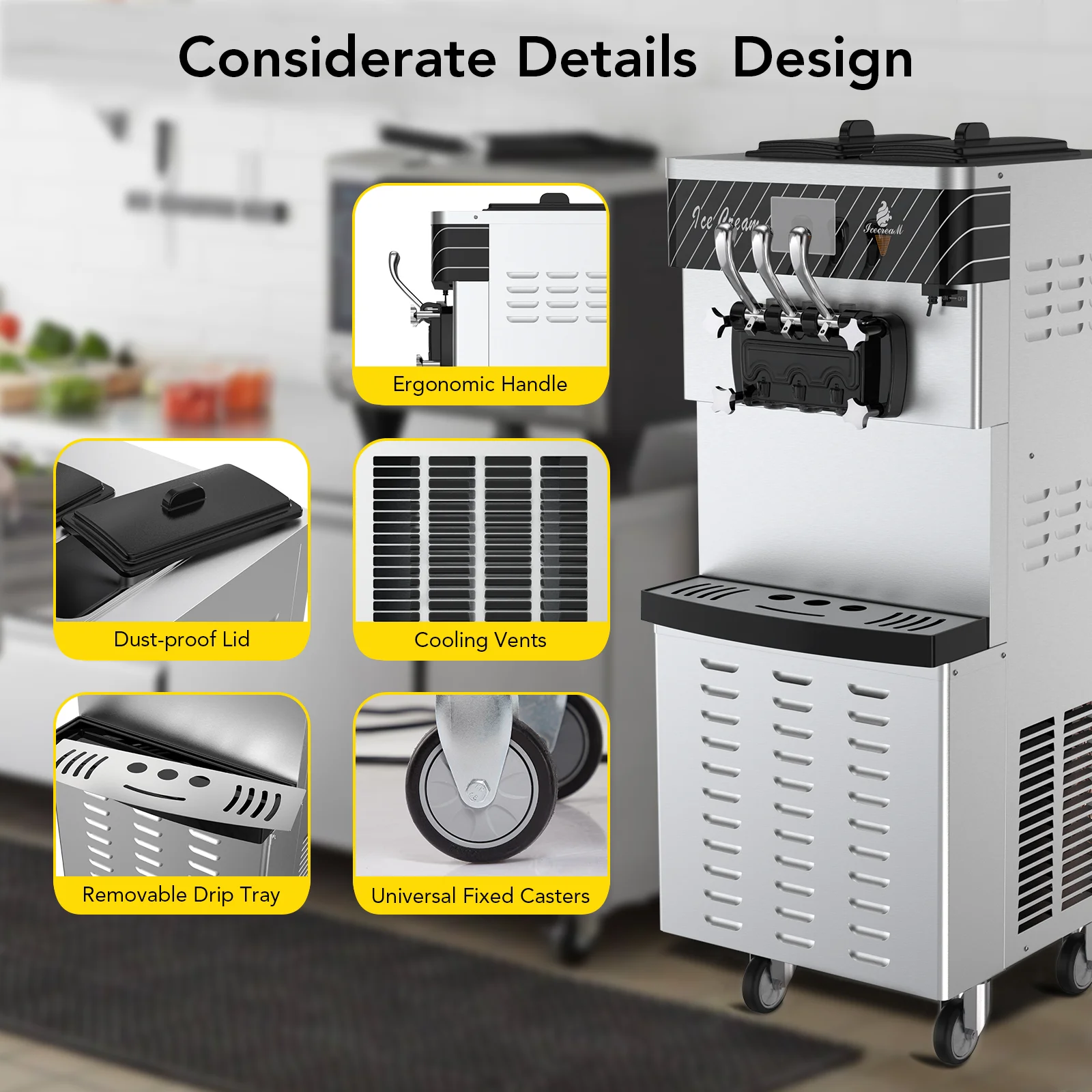 Commercial Ice Cream Maker with Two 12L Hoppers, 3 Flavors Soft Serve Machine. 2450W Soft Ice Cream Machine with LCD Panel
