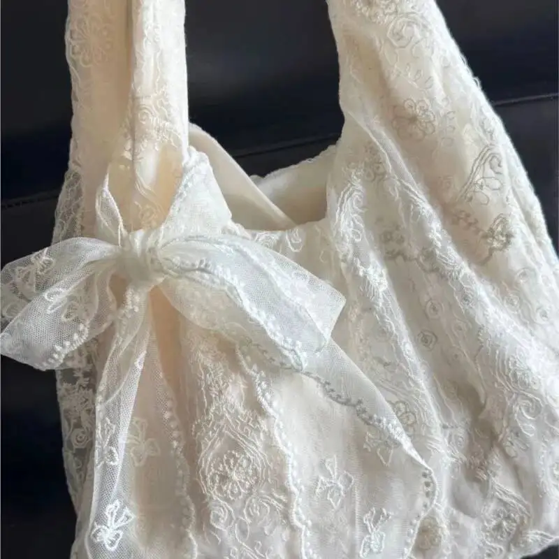 Bloom Fairycore Aesthetic White Handbag Women 2025 Summer Sweet Lace Bow Shoulder Bags Ladies Large Capacity Underarm Bag Y2k