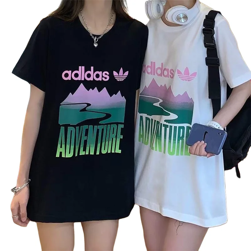 アディダス 212973   オディールアイス磁器コットンプリントラウンドネック半袖Tシャツ夏のカップル男性と女性(M-5XL)ブラックカラー