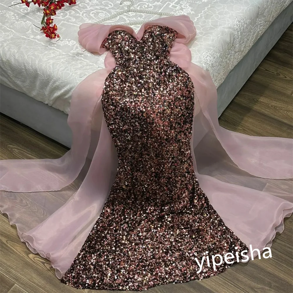 Customized Elegant Sparkle Off-the-shoulder A-line Evening Dress Formal Ocassion Gown  Satin vestidos de fiesta