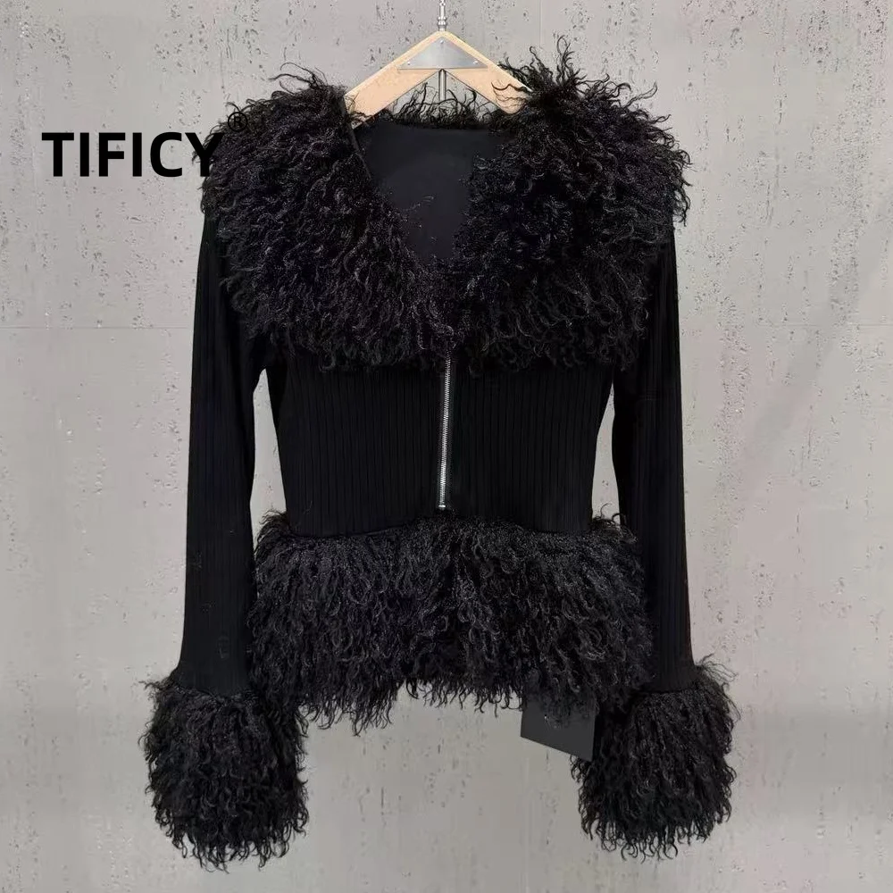 High Street Tops Women's Simulated Sheep Curly Wool Spliced Long Sleeved Zipper Knitted Cardigan with Waist Tied Furry Jacket