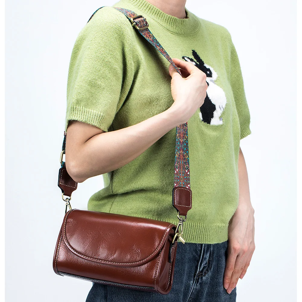Genuine Leather Crossbody Purse for Women Vintage Designer Handbags Ladies Flap Over Small Shoulder Bag Cell Phone Purse 2 Strap image 2