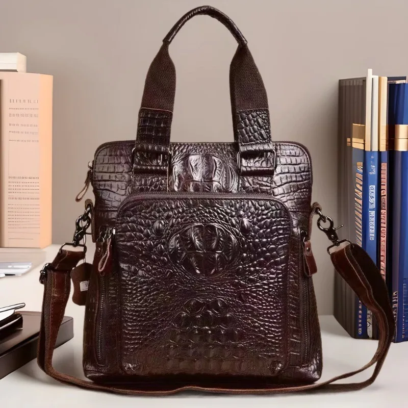 Crocodile pattern men's handbag, genuine leather vertical business large-capacity single-shoulder bag, travel crossbody bag