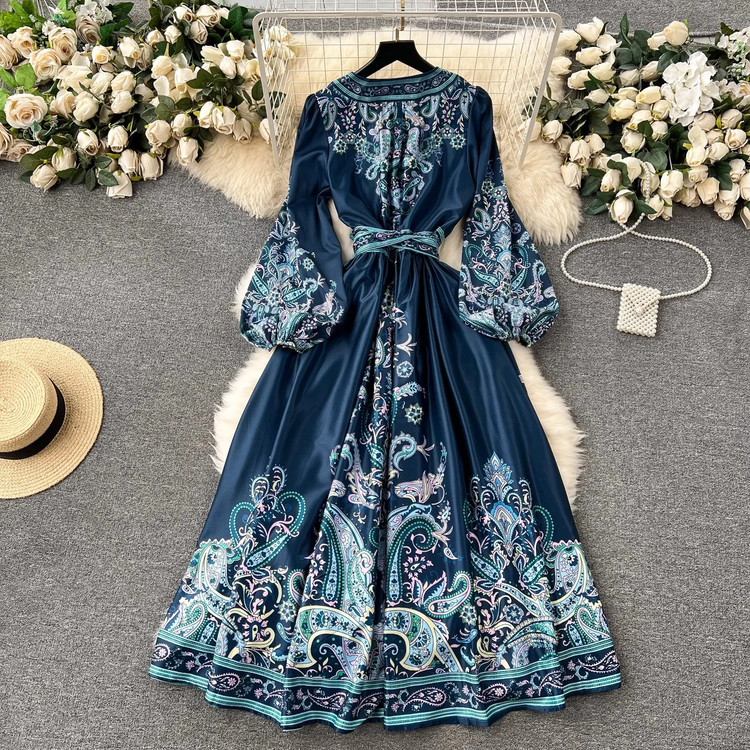 2024 New Spring Summer Women Print V Neck Lace Up Lantern Sleeve Ethnic Style Casual Vintage Beach Holiday Dresses