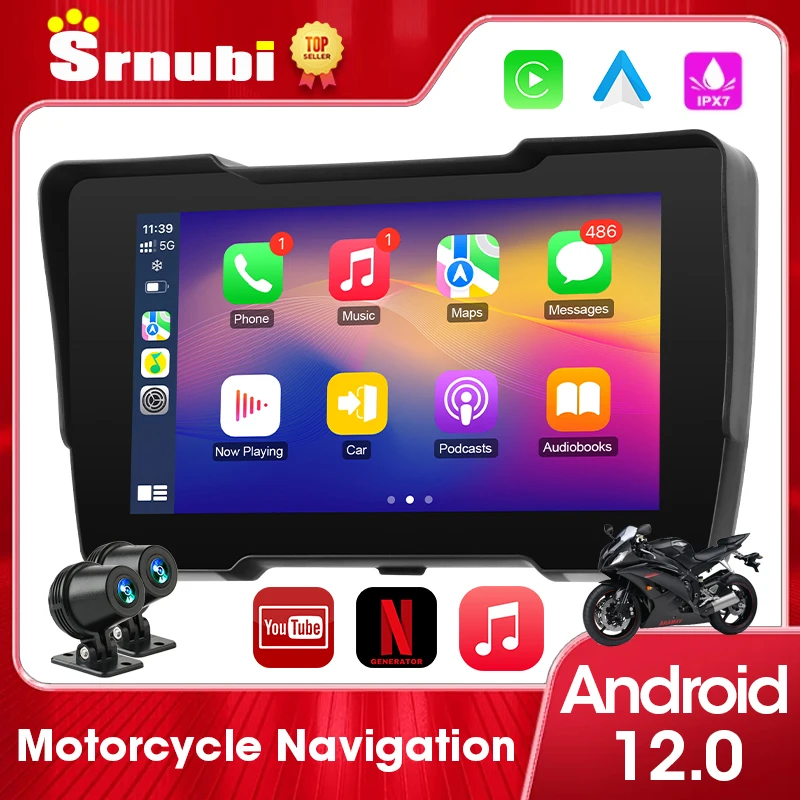 نظام تحديد المواقع المحمول 7 بوصة للدراجات النارية DVR Carplay يدعم Youtube Netflix Tiktok GooglePlay اللاسلكي Android Auto BT GPS Navigation