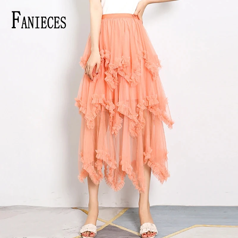 FANIECES Fluffy Ball Gown Party Long Tulle Skirt Women Aesthetic Irregular Mesh Cascade Tutu Skirts Fashion Faldas saia tule