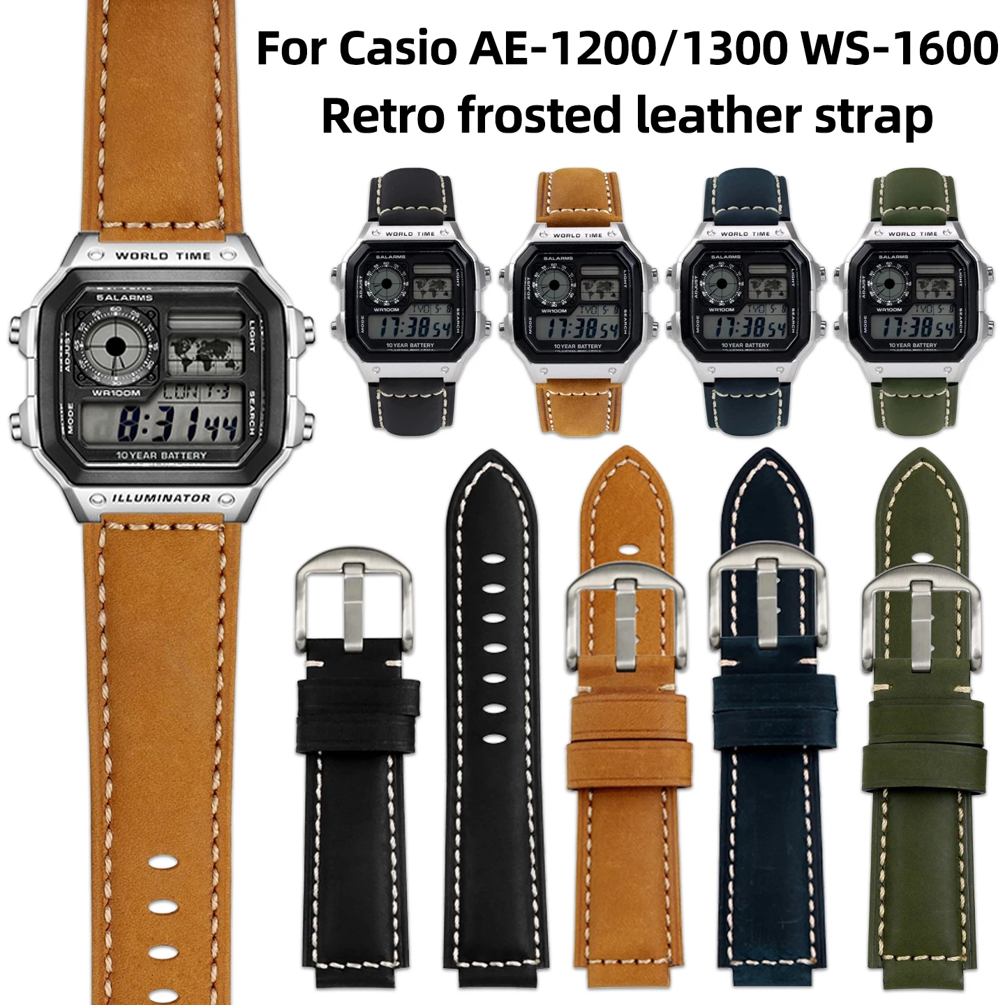 AE1200 Retro frosted leather strap for Casio AE-1200 AE1300 WS-1600H A158 A168 F-91W cowhide watch band Black brown blue 18mm