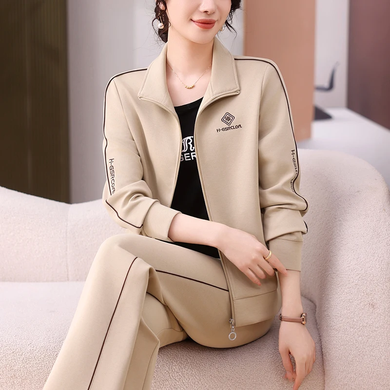 

Повседневный спортивный костюм для женщин: весенне-осенний свободный модный комплект для активного отдыха и бега, комплект из двух предметов, костюм для мамы на отдых