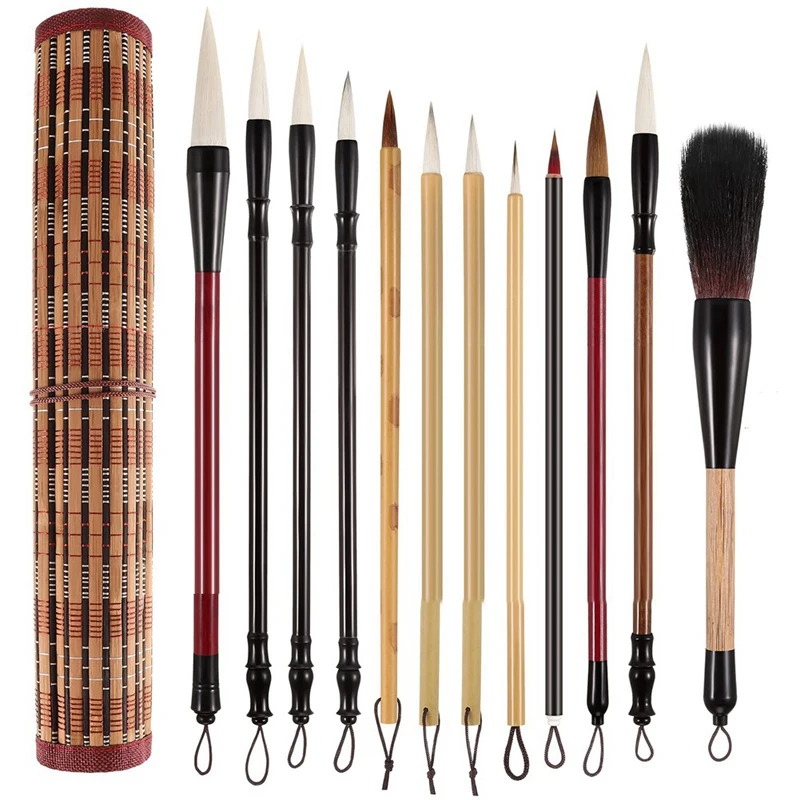 

12PCS Chinese Calligraphy Brushes Set Kit With Roll-Up Holder, Perfect For Watercolor, Kanji, Sumi Painting & Drawing, Durable