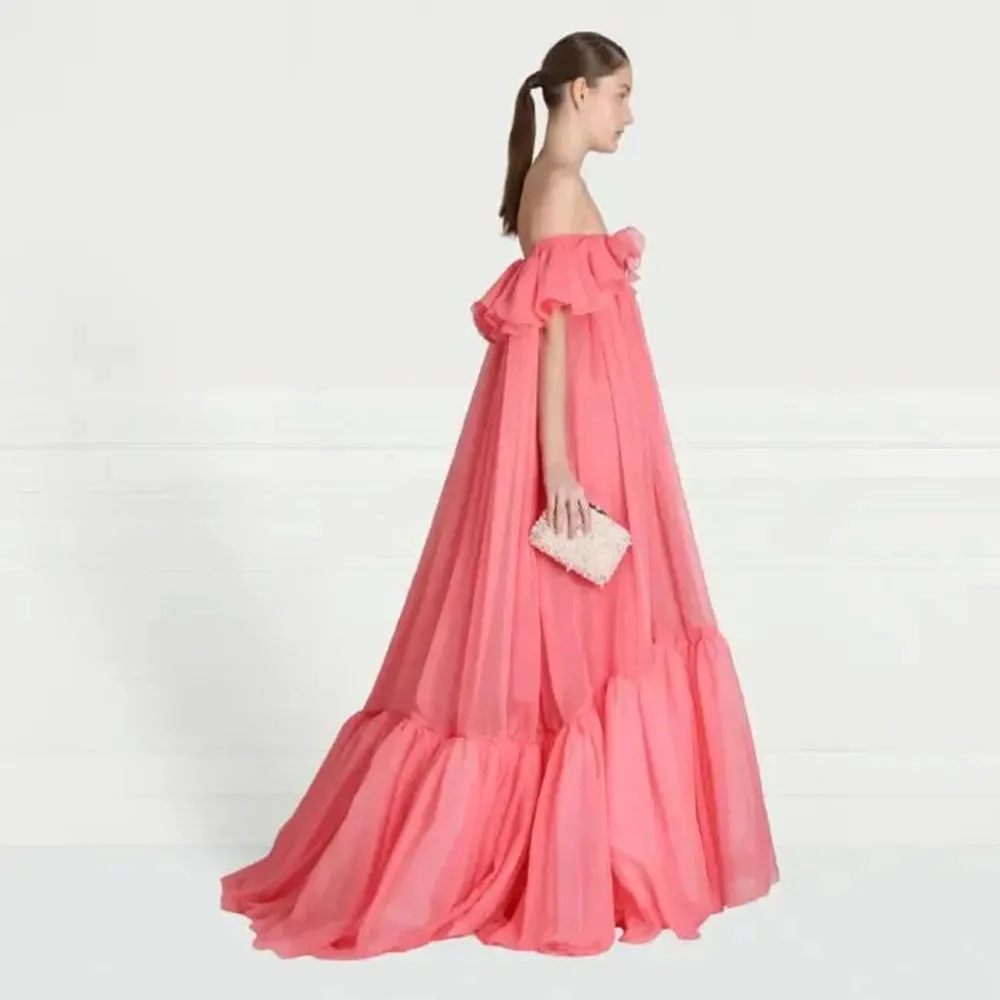 New Coral Red Evening Pageant Dress 2024 Off Shoulder Chiffon Outfit Women Prom Party Formal Gowns Maternity Wear Vestidos De