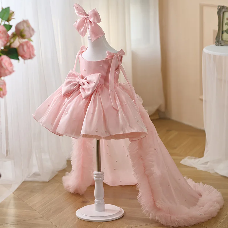 Luxurious Pageant Dresses for Toddler Girls Satin High-End Party Tailing Evening Dress Big Bow Girl Birthday Party Costume