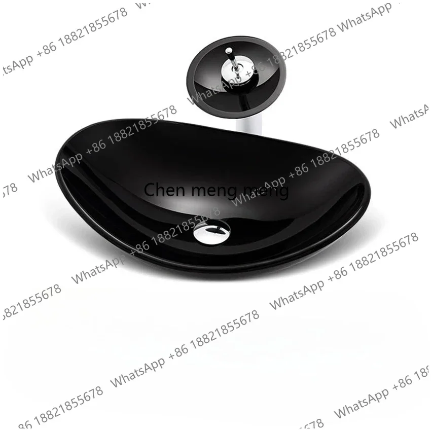 Discount Black Tempered Glass Bathroom Mixer Basin Washbasin Brass Faucet Set Oval Washroom Basin Vessel Vanity Sink w/ Drain