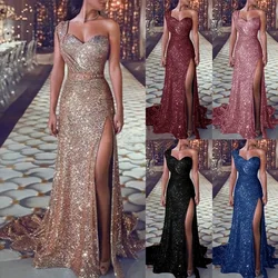 Explosive European and American women's sexy one-shoulder sleeveless gold hot dress slit long dress