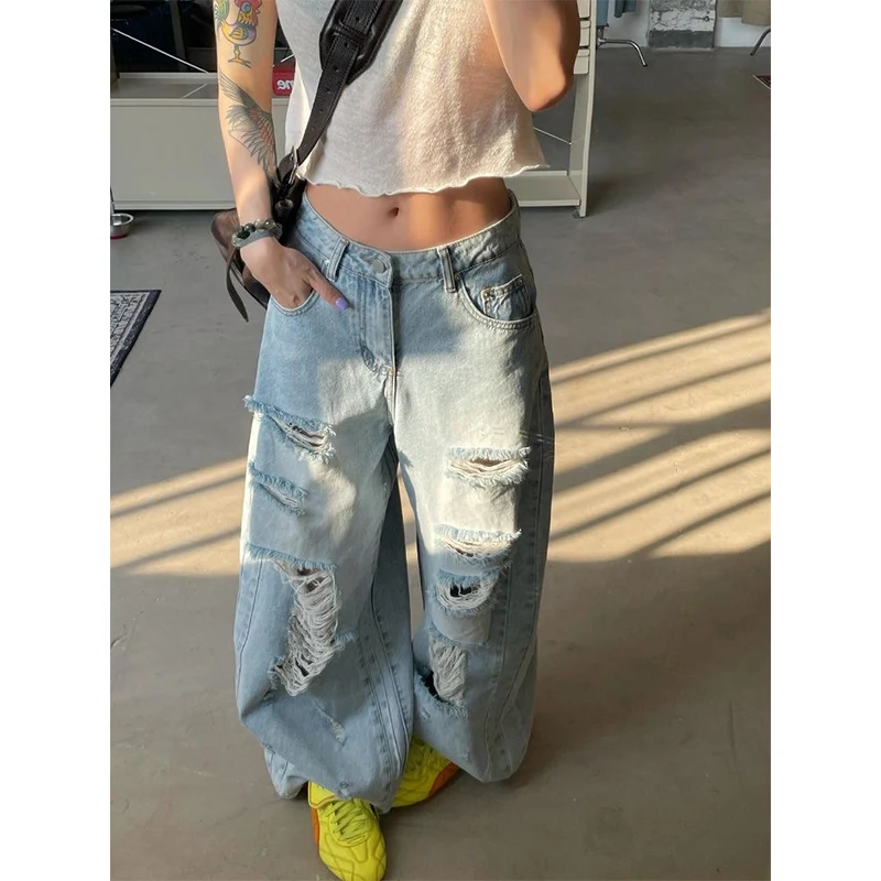 Vintage lichtblauwe gescheurde jeans dames hoge taille rechte baggy denim broek streetwear Y2K Amerikaanse retro wijde pijpen broek