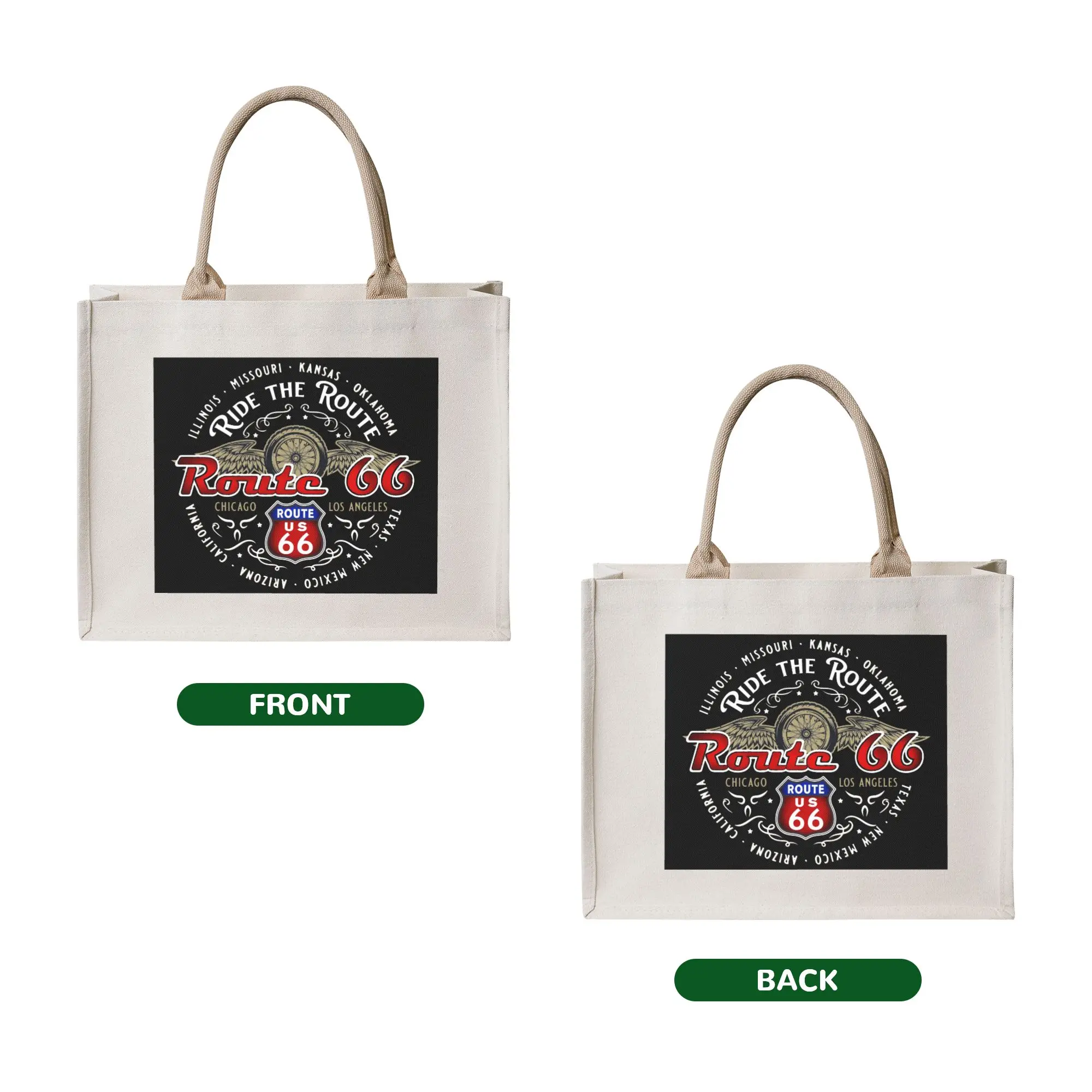 Kawaii Ride the Route 66 Shopping Tote Bags Portable Biker Motorcycle Cruise America's Highway Grocery Shopper Shoulder Bag