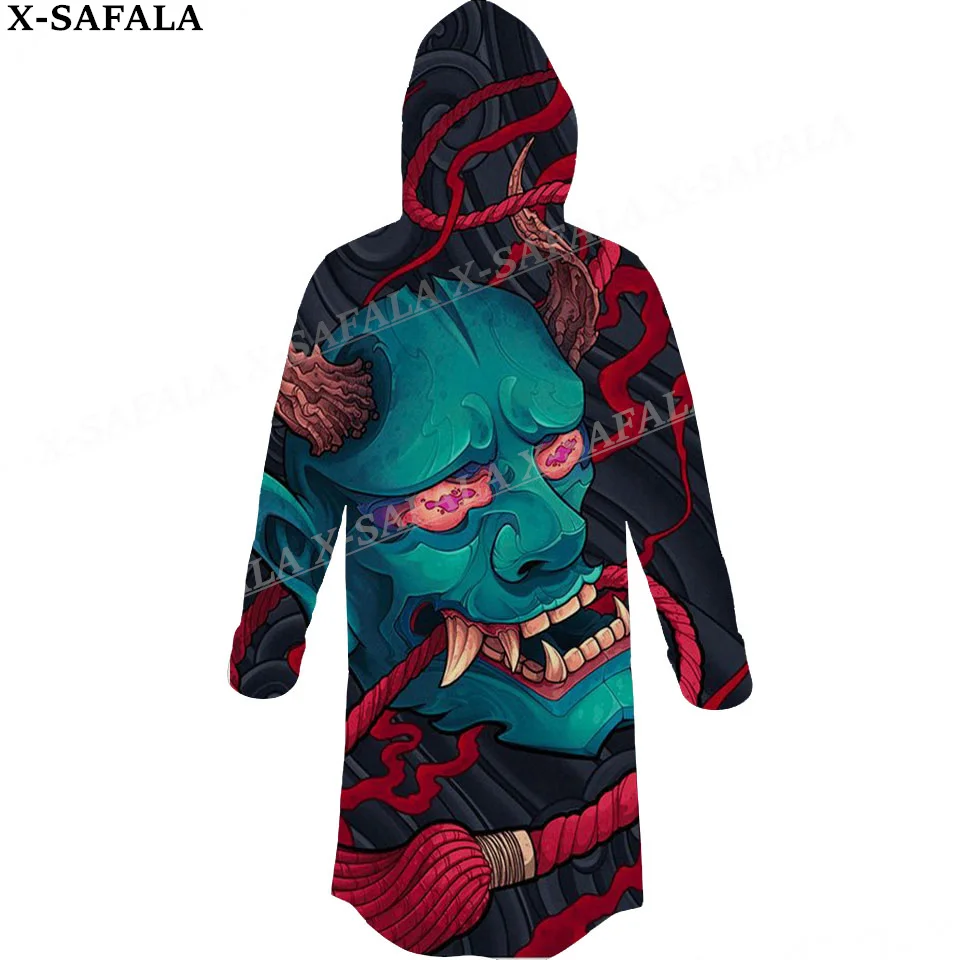 Japanese Samurai Oni Mask Tattoo Warrior Thick Warm Hooded Cloak Men Overcoat Coat Windproof Fleece Cape Robe Hooded Blanket-1