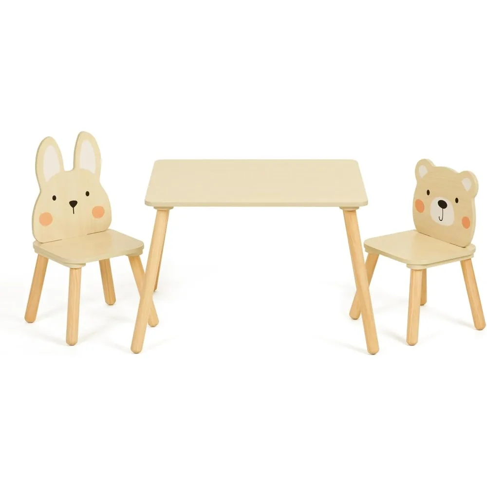 Wooden Kids Table and Chair Set, Waterproof Desktop Adorable Toddler Table Chairs Set with 2 Animal Chairs