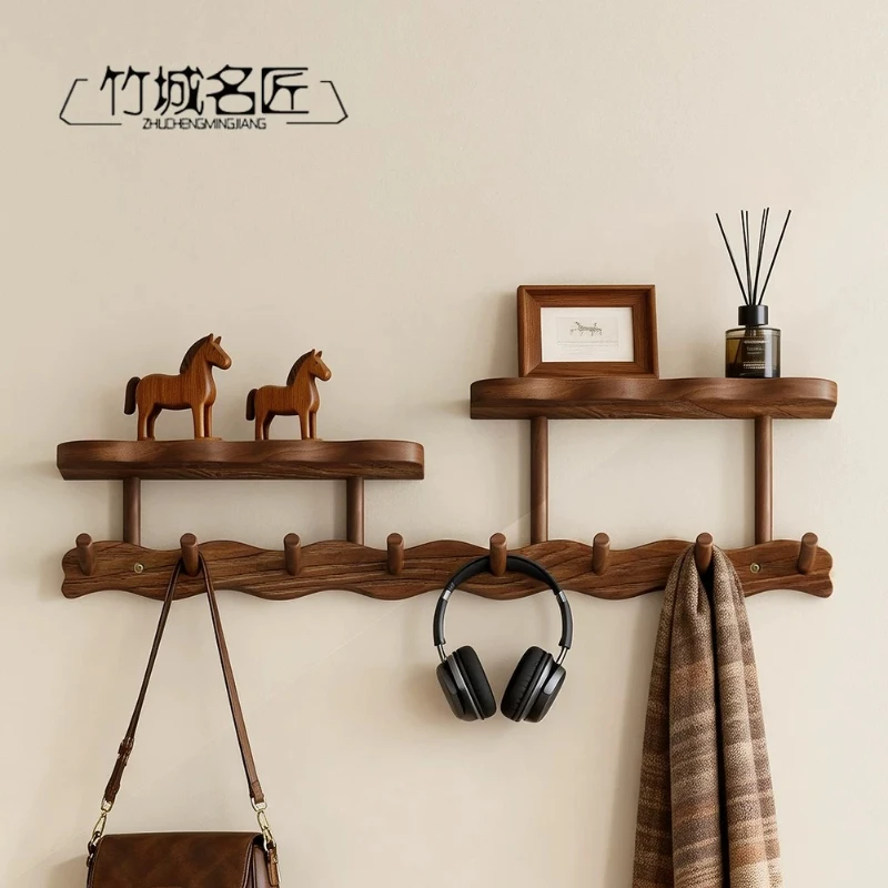 Wall-mounted solid wood multi-functional coat rack, shelf without punching, clothes rack behind the door, bedroom