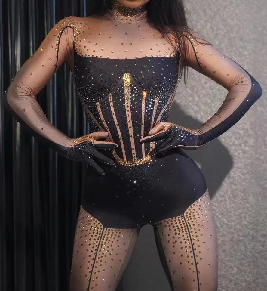 2023 新ゴーゴーダンサー衣装ストレッチラインストーンジャンプスーツ歌手ドラッグクイーンボディスーツナイトクラブバーポールダンス服 yj961