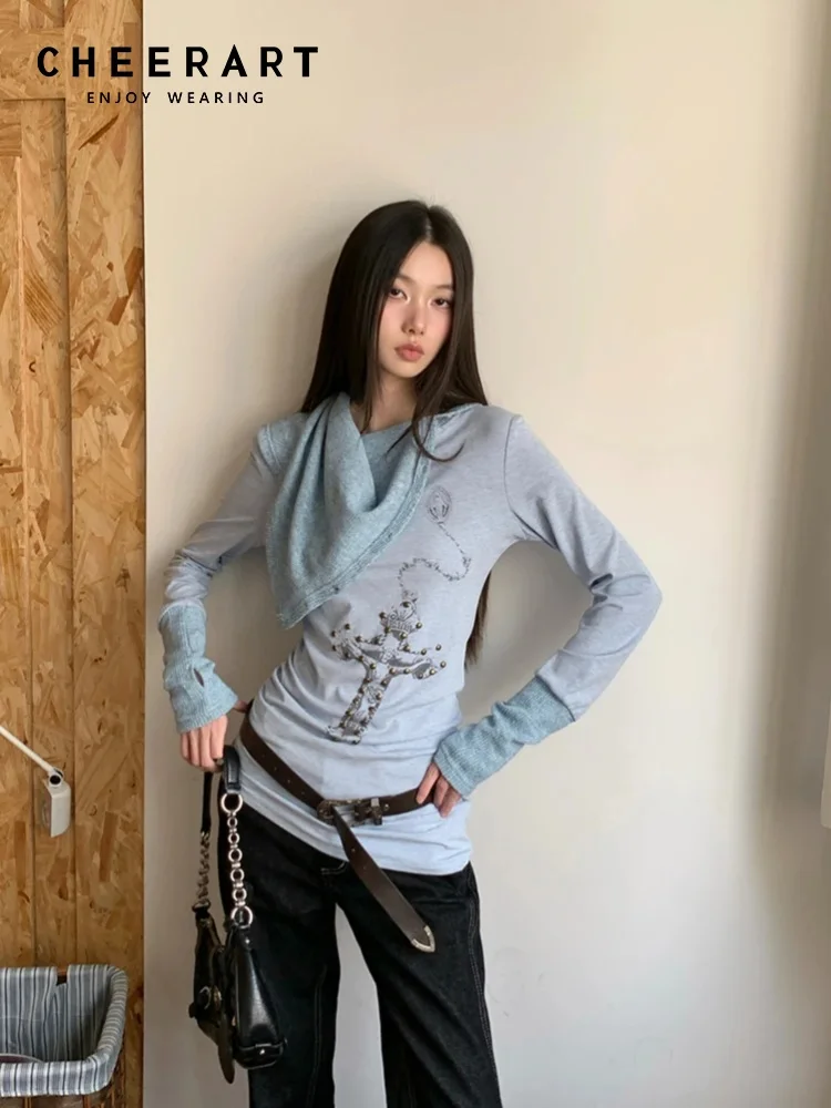 CHEERART Cross Long Sleeve Knit Top For Women Spring 2025 Turtleneck T Shirt Sky Blue Rivet Designer Tees High Fashion