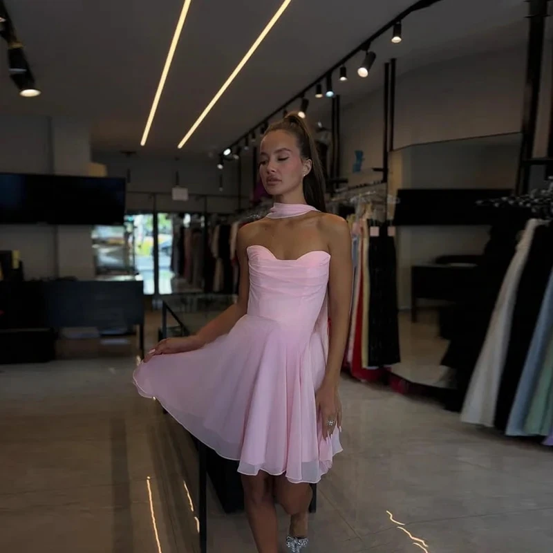 

2026 Pink Chiffon Prom Dress Mini A Line Strapless Elegant Evening Dresses For Woman Party Backless Vestidos De Gala Customized