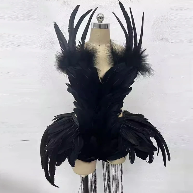Show Girl Outfit   Sexy Feather Dress Stage Costume Evening Party Dresses Singer Dancer Performance Wear Drag Queen Clothing Fes