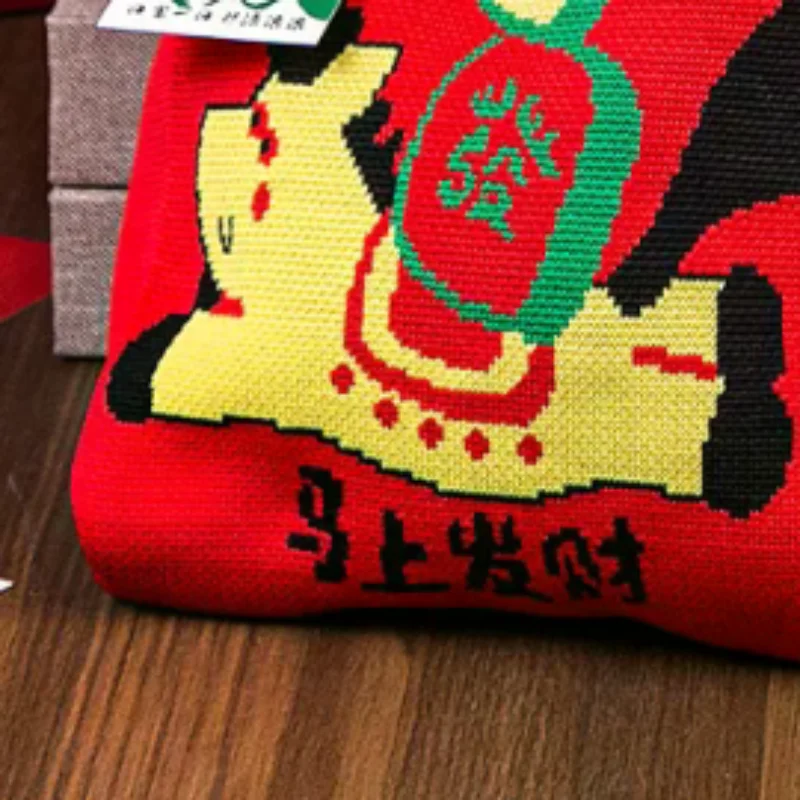 

Year Of The Horse Red Knot Wrist Handbag Cartoon Mascot Pony Knitted Candy Tote Bag Reusable Shopping Bag Gift Packaging Bag