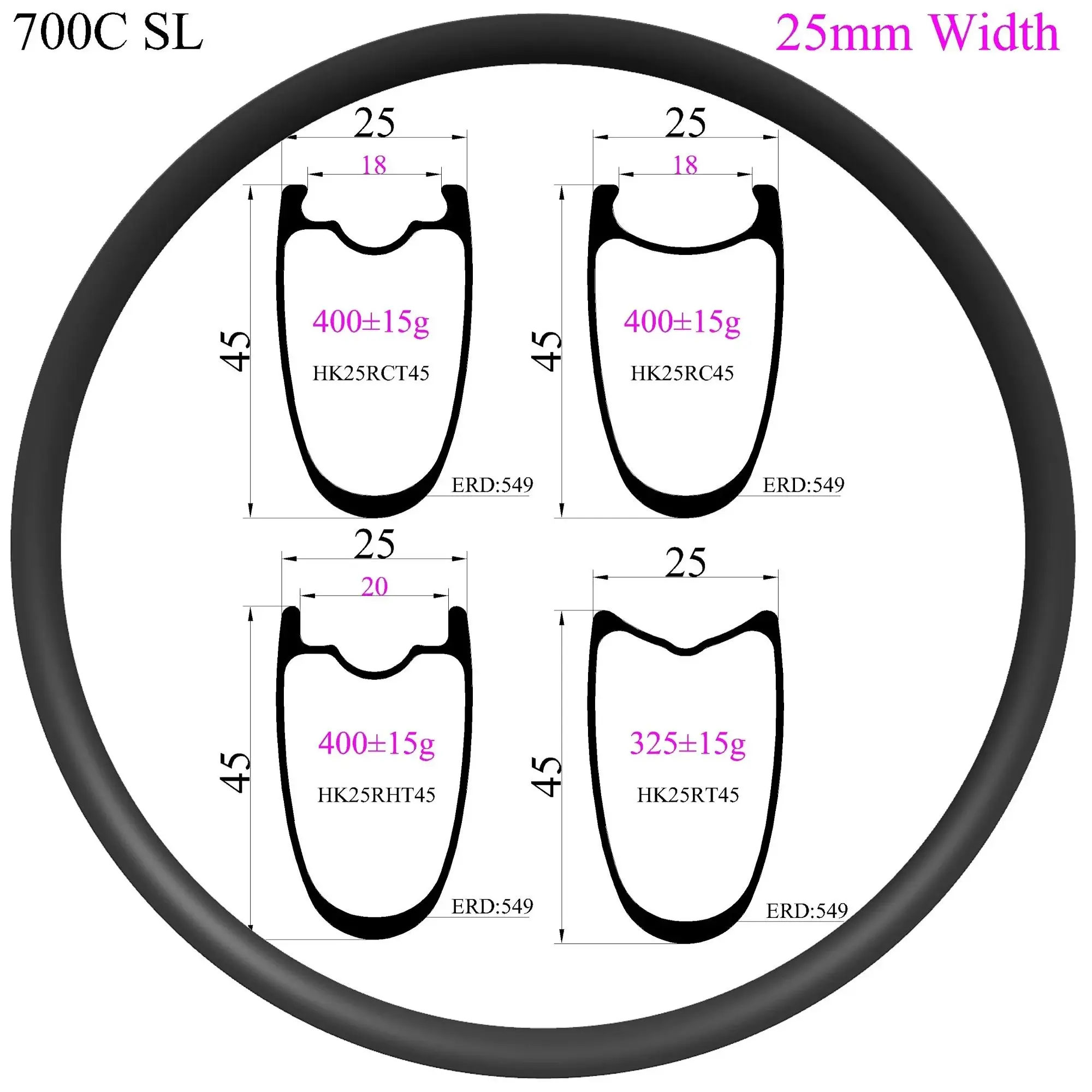 Super light T800 700C Symmetry Carbon Rim width 25mm Depth 45mm  Tubeless Clincher Road bicycle carbon rim