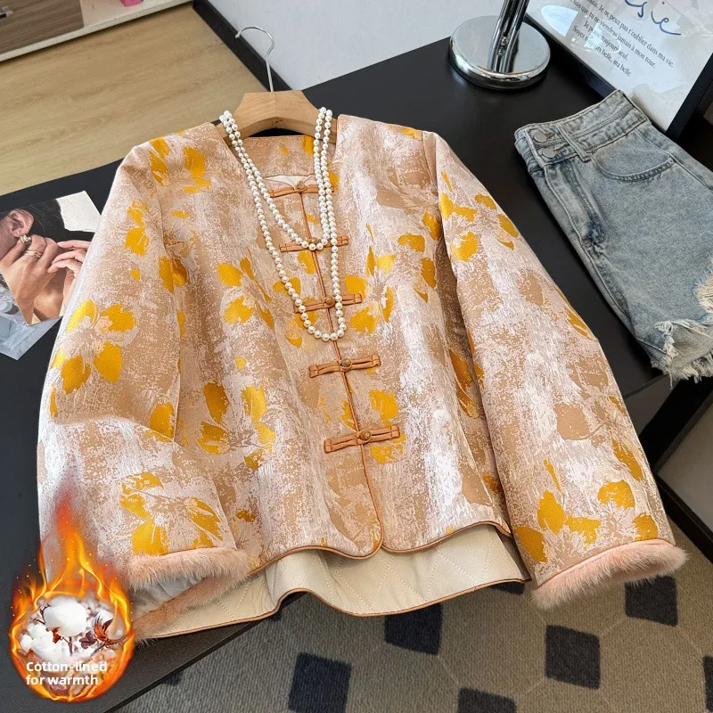 

Thiened Chinese Sle Fur Cuffed Open Cardigan Sweater Embroidered Button up Top Heavyweight Ele Outerwear