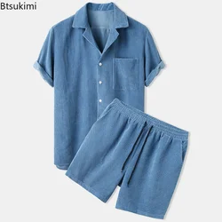 New 2024 Summer Men Corduroy Shorts Sets Fashion Lapel Short Sleeve Shirts +Shorts Solid 2 Piece Set Mens Casual Sportswear Sets