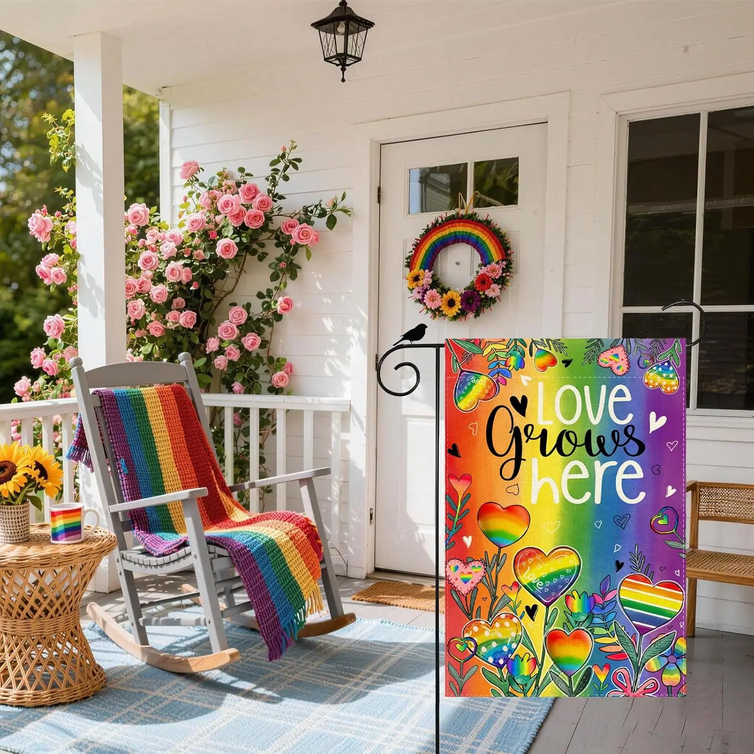 Rainbow Love Heart Flowers LGBTQ Pride Day Garden Flag 12x18 Inch Inclusion Gay Equality Double Sided Small Mini Yard Flag O jjp
