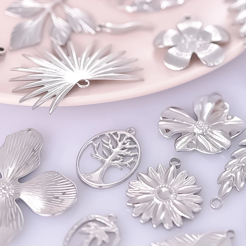 6pcs Silver Color Plant Tree Leaf Flower Charms For Jewelry Making Earring Necklace Connector Stainless Steel Charm Pendant Bulk