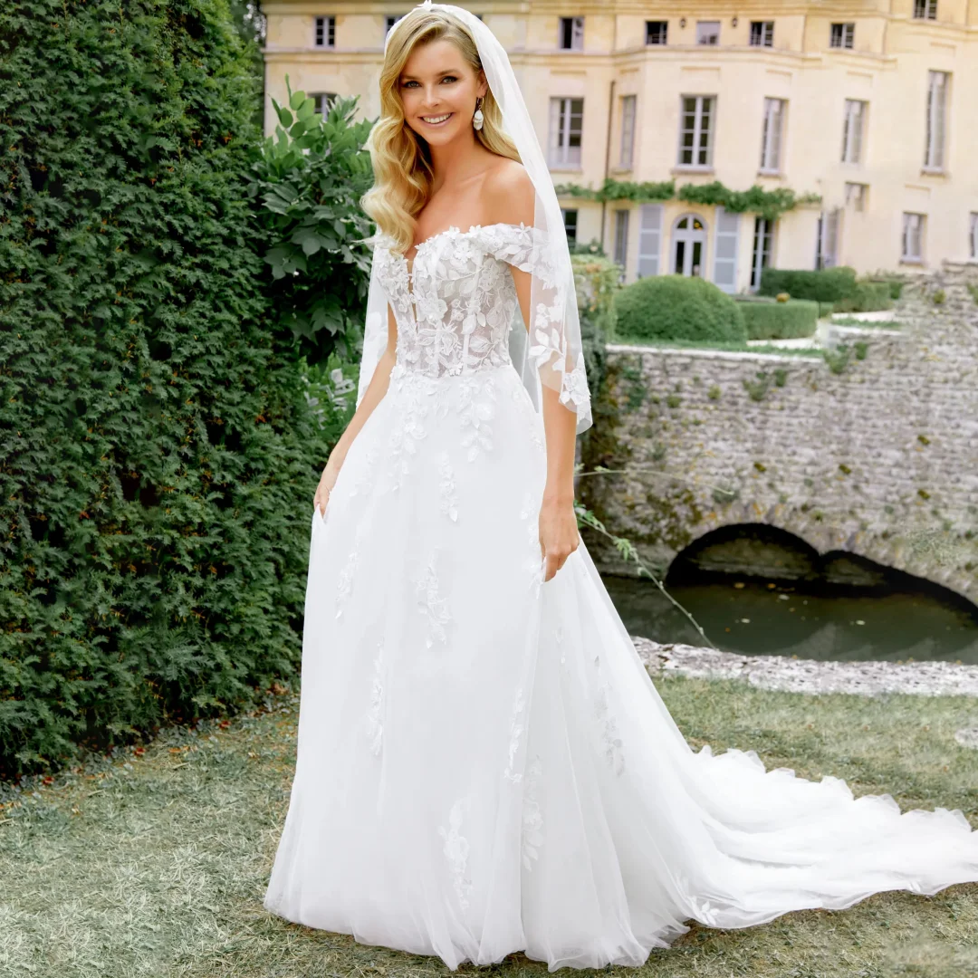 

Elegant Tulle Off the Shoulder Wedding Dresses White Sweetheart Corset Appliques Outdoor Party Gowns Classic vestidos de novia