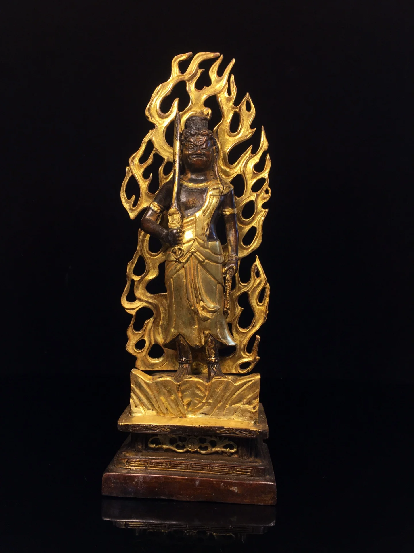 

12"Tibetan Temple Collection Old Bronze CinnabarGilded Acalanatha Fudo Myoo Backlight Buddha platform Worship Hall Town house