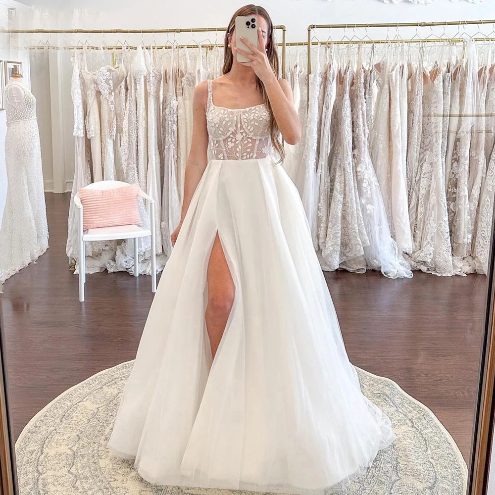 Elegante weiße Frauen Brautkleider Spitze Blumen druck Brautkleider moderne Schatz Gabel Wisch länge Vestidos de Novias