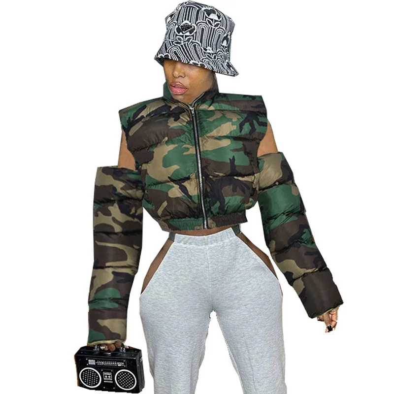 Women Camouflage Puffer Jackets Vest Sleeveless Warm Camo Cute Bubble Coats Parkas Down Stand Collar Zipper Padded Crop Parkas