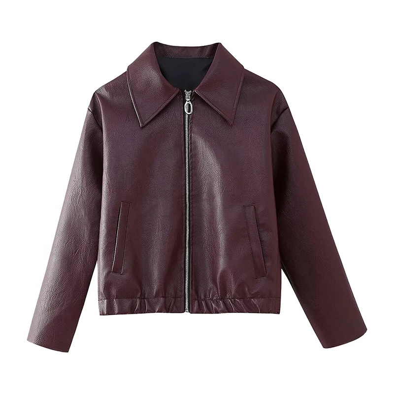 YENKYE Autumn Winter Women Fashion Faux Leather Jacket Long Sleeve Lapel Collar Female Motorcycle Coat Wine Red Lady Outfits