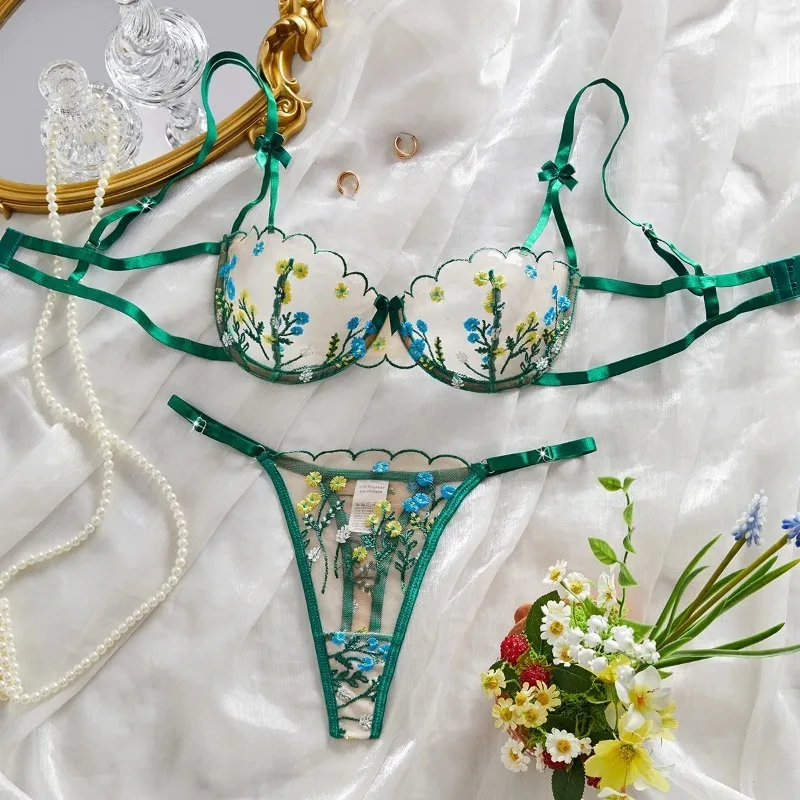 

Elegant Floral Lingerie Set Sensual Lace Embroidery Bra Panty 2-Piece Fancy Beautiful Underwear Transparent Erotic Sexy Lingerie
