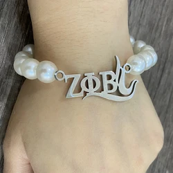 5pcs 10MM White Pearl Zeta Phi Beta Women's Association Stainless Steel Dove Badge Letter Pendant Bracelet